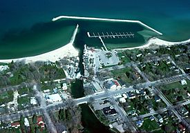 Aerial view of the shore and harbor of Leland