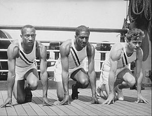 Olympic sprinters Owens Metcalfe and Wykoff 1936