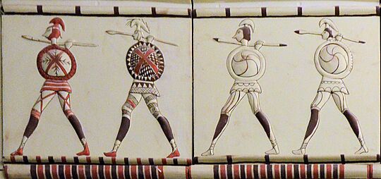 Phrygian soldiers. Detail from a reconstruction of a Phrygian building at Pararli, Turkey, 7th–6th Centuries BC