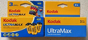 Kodak Ultramax 400 film boxes before and after 2023 rebrand