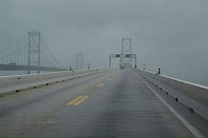 Looking up Chesapeake Bay Bridge during Isabel, Sept 18, 2003