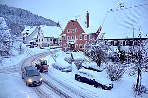 Snowy road in Tieringen, Baden-Württemberg