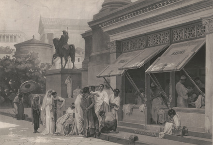 Gustave Boulanger, La boutique du barbier Licinius, engraving by Gautier, 1885, LOC (cropped)