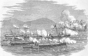 Commodore Elliot leading gunboats to the attack of junks, 1857.jpg